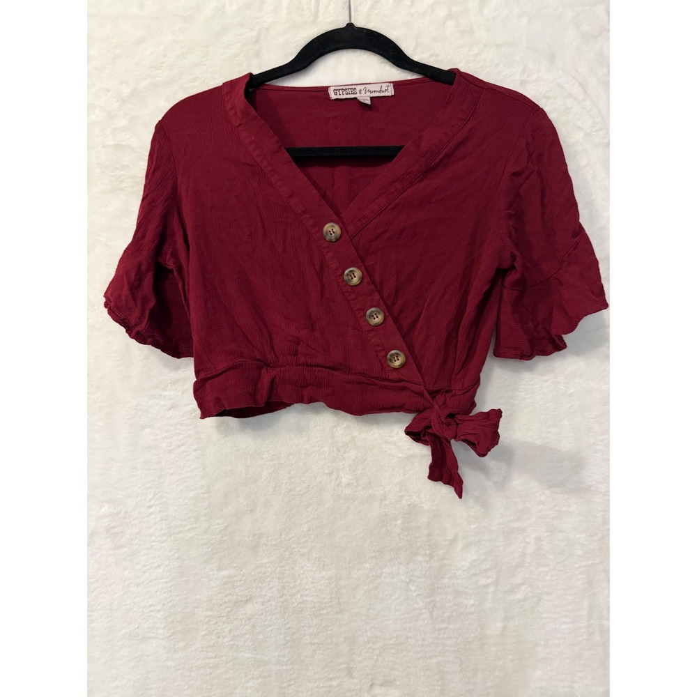 Gypsies & Moondust Burgundy Crop Top Womens Small Short Flutter Sleeve Side Tie